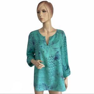 Tianello by Steve Barraza Women's Avlyne Linen Green Printed Blouse Medium